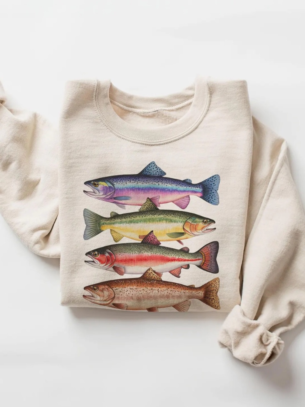 Sand Sweatshirt with Colorful Trout Row Graphic
